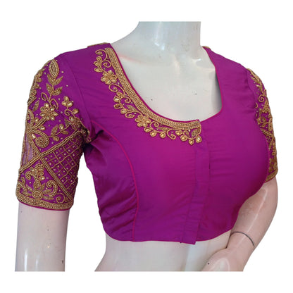 Purple Wedding Silk Saree Blouse with Intricate Aari Handwork - Luxurious