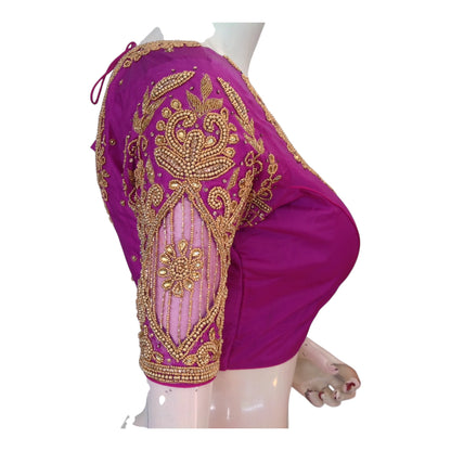 Purple Wedding Silk Saree Blouse with Intricate Aari Handwork - Luxurious