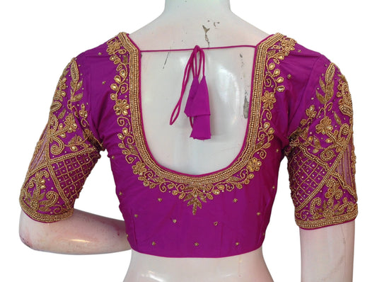 Purple Wedding Silk Saree Blouse with Intricate Aari Handwork - Luxurious