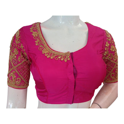 Pink Color Wedding Silk Saree Blouse with Delicate Aari Handwork - Luxurious