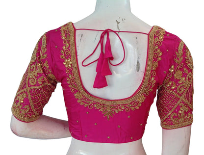 Pink Color Wedding Silk Saree Blouse with Delicate Aari Handwork - Luxurious
