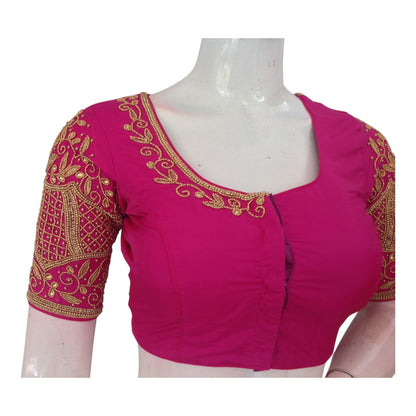 Vibrant Magenta Aari Handwork Wedding Silk Saree Blouse - Elegant