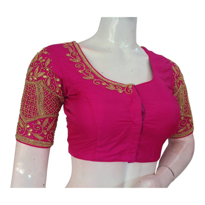 Vibrant Magenta Aari Handwork Wedding Silk Saree Blouse - Elegant