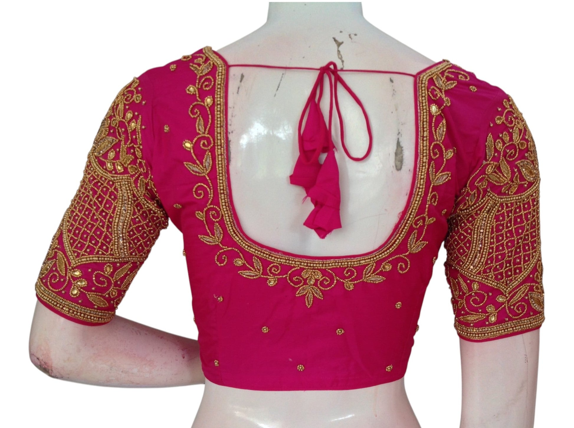  Vibrant Magenta Aari Handwork Wedding Silk Saree Blouse - Elegant