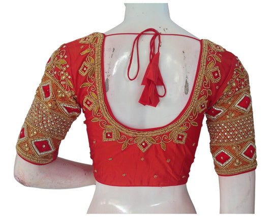 Pinkish Orange Aari Handwork Wedding Silk Saree Blouse: Elegant Design