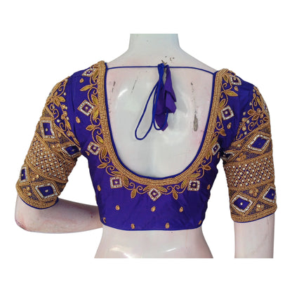 Royal Blue Color Aari Handwork Wedding Blouse: Elegant & Handcrafted