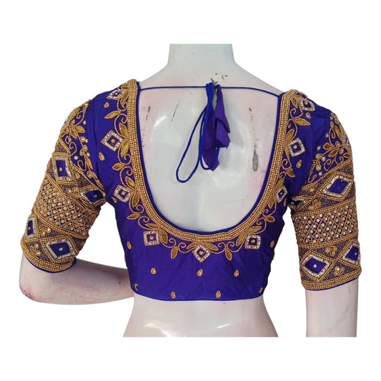 Royal Blue Color Aari Handwork Wedding Blouse: Elegant & Handcrafted
