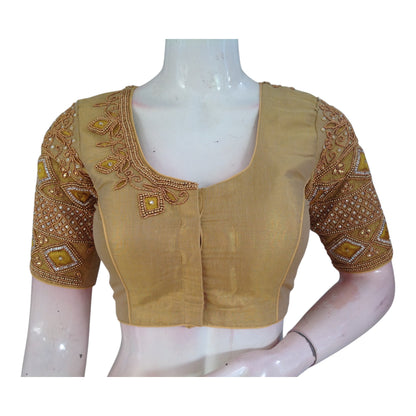 Stunning Gold Aari Handwork Wedding Silk Saree Ready made Blouse