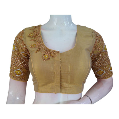 Stunning Gold Aari Handwork Wedding Silk Saree Ready made Blouse