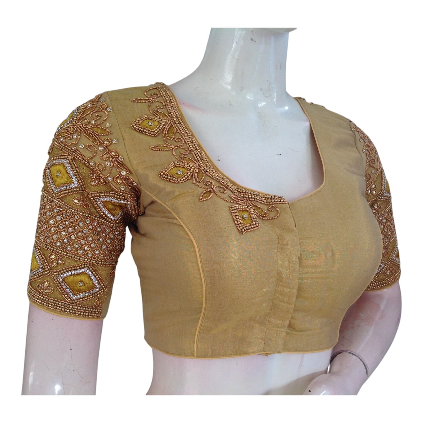Stunning Gold Aari Handwork Wedding Silk Saree Ready made Blouse