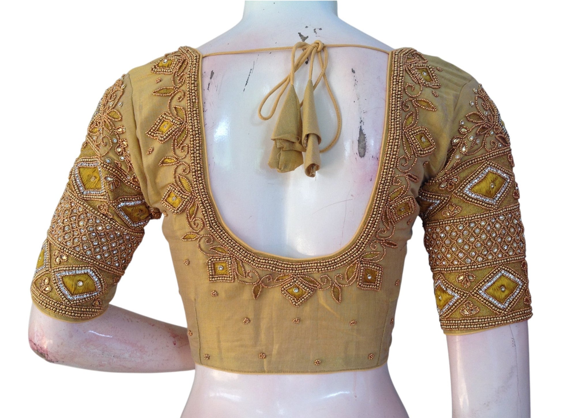Stunning Gold Aari Handwork Wedding Silk Saree Ready made Blouse