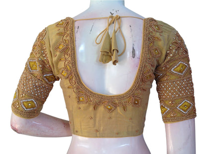 Stunning Gold Aari Handwork Wedding Silk Saree Ready made Blouse