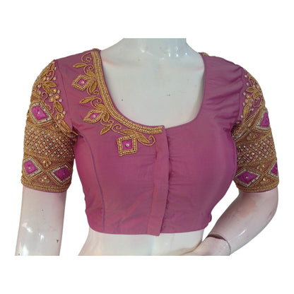 Delicate Onion Pink Color Aari Handwork Wedding Silk Saree Blouse