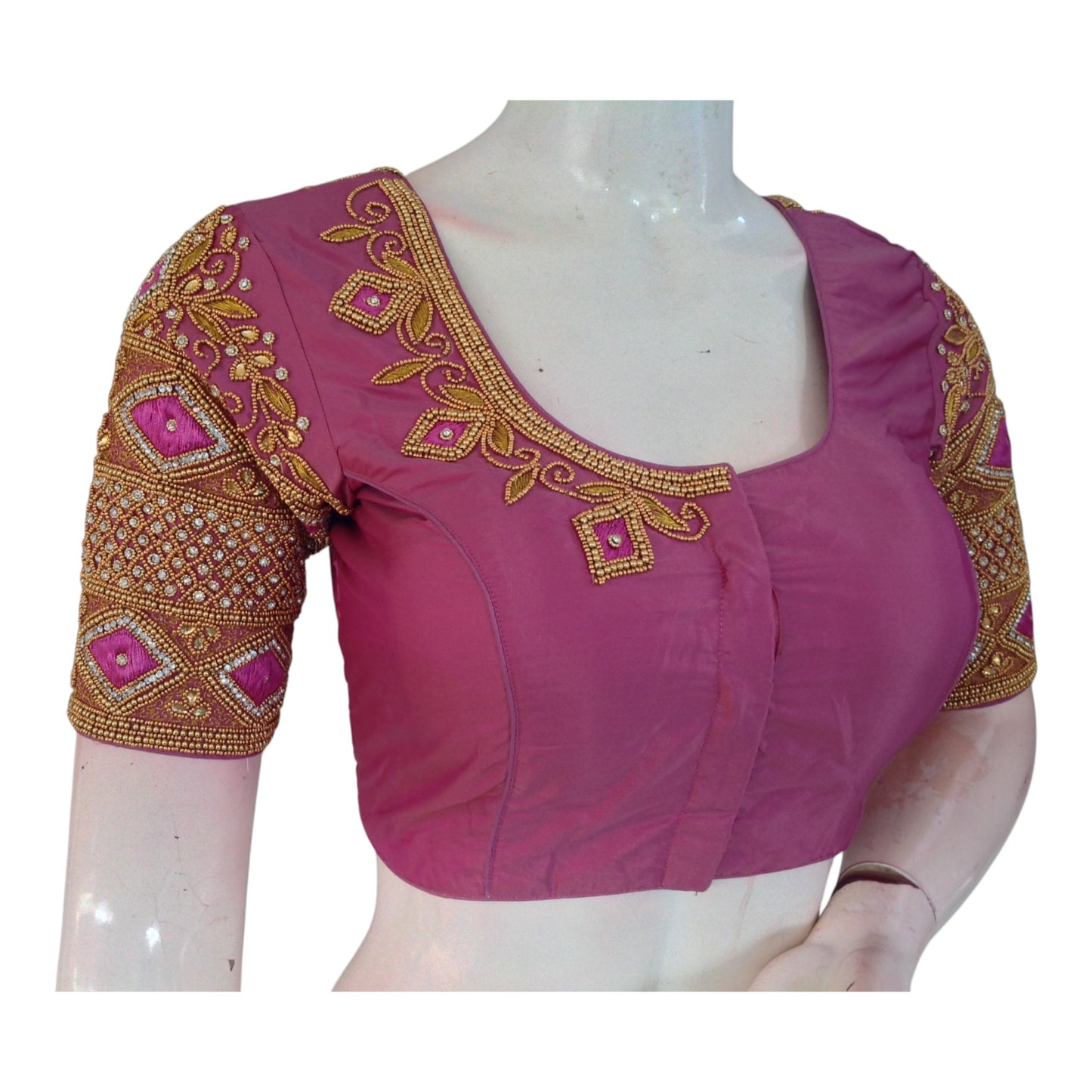 Delicate Onion Pink Color Aari Handwork Wedding Silk Saree Blouse