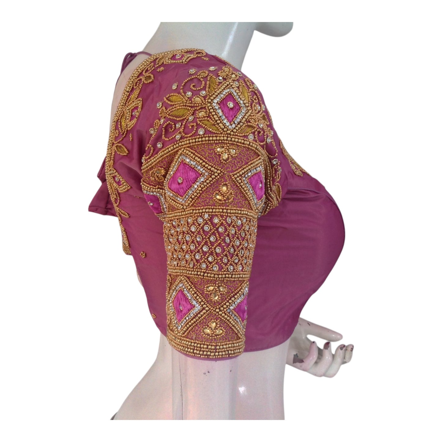 Delicate Onion Pink Color Aari Handwork Wedding Silk Saree Blouse