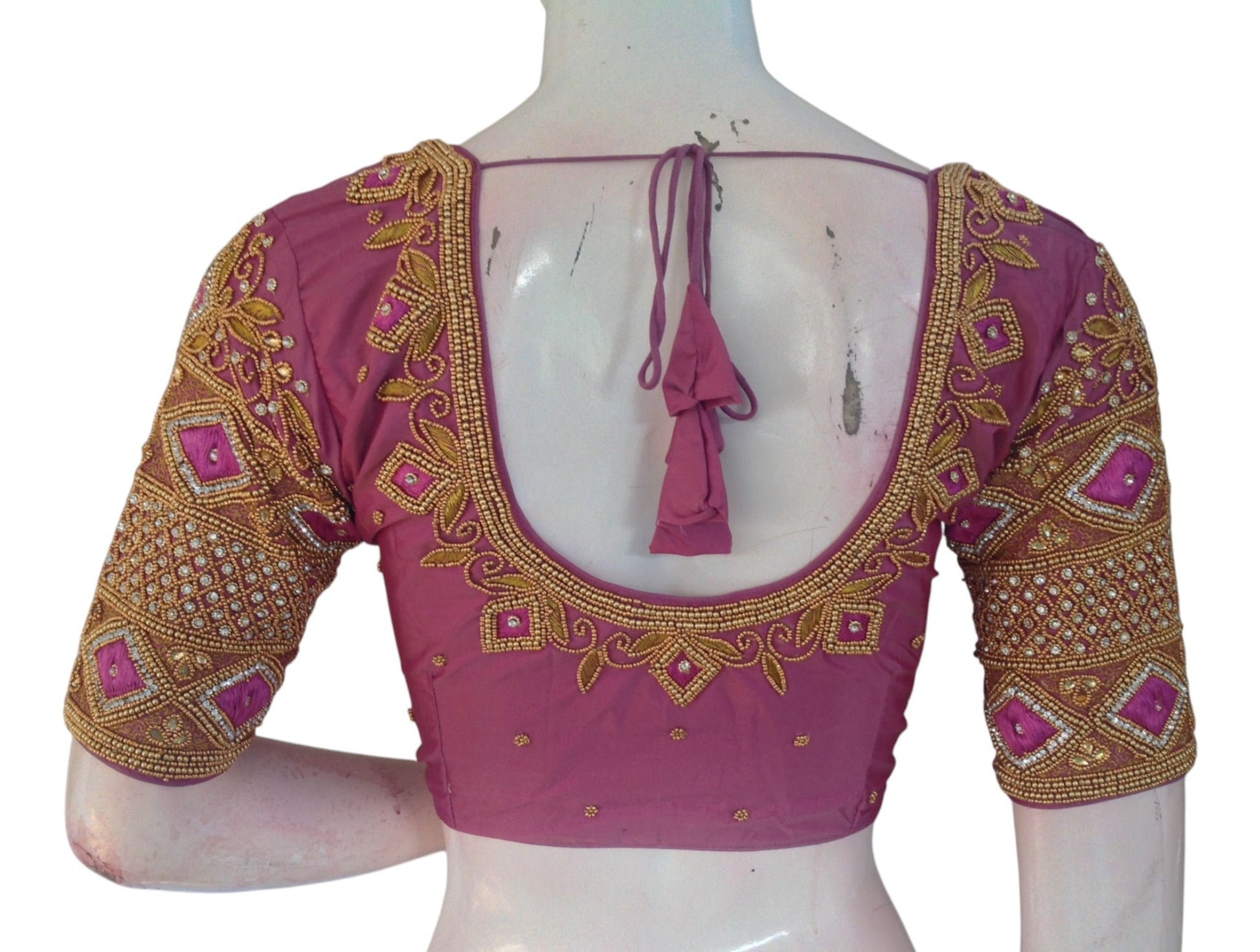 Delicate Onion Pink Color Aari Handwork Wedding Silk Saree Blouse