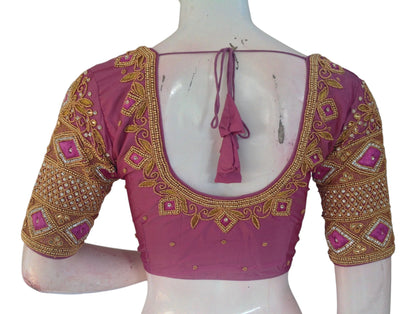 Delicate Onion Pink Color Aari Handwork Wedding Silk Saree Blouse