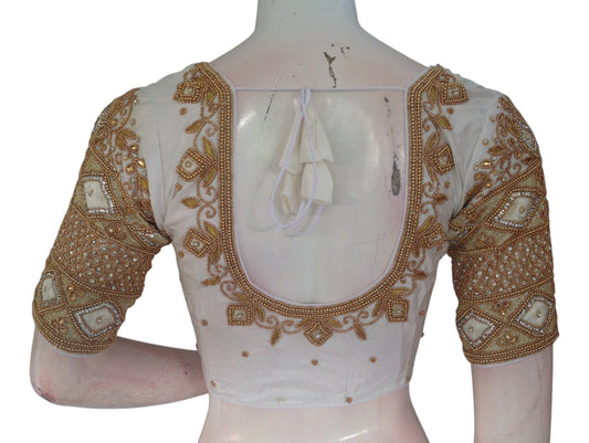 Off-White Color Silk Saree Blouse with Aari Handwork - Bridal Classic