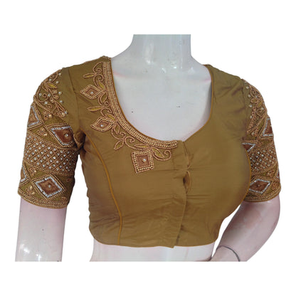 Elegant Dark Mustard Color Aari Handwork Wedding Silk Saree Blouse