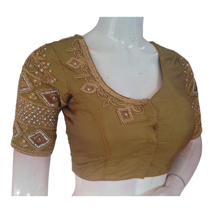 Elegant Dark Mustard Color Aari Handwork Wedding Silk Saree Blouse