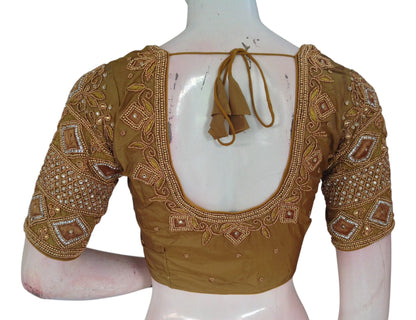 Elegant Dark Mustard Color Aari Handwork Wedding Silk Saree Blouse