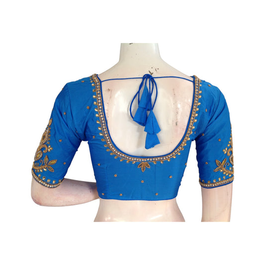  Elegant blue Aari Handwork Bridal Saree Blouse - Custom Fit