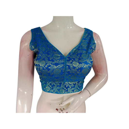 Serene Blue Banaras Silk Ready made Saree Blouse: Timeless Elegance