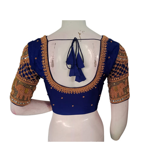 Luxurious Navy: Aari Handwork Semi Silk Blouse for Weddings