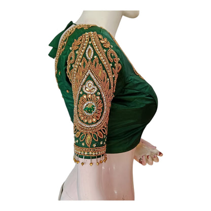 Elegant Green Aari Handwork Wedding Silk Saree Blouse with Designer Sleeves