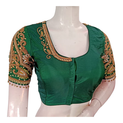 Elegant Green Aari Handwork Wedding Silk Saree Blouse with Designer Sleeves