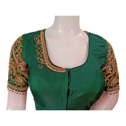 Elegant Green Aari Handwork Wedding Silk Saree Blouse with Designer Sleeves
