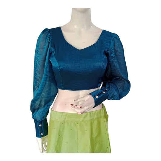 Designer Blue Color Organza Full Sleeve Blouse | Balloon Sleeves | Indian Fashion