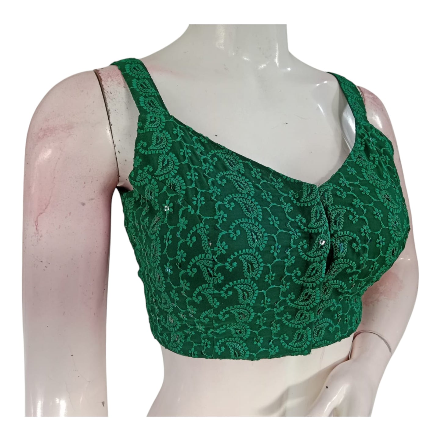 Emerald Green Chikankari Spaghetti Strap Designer Sleeveless Saree Blouse