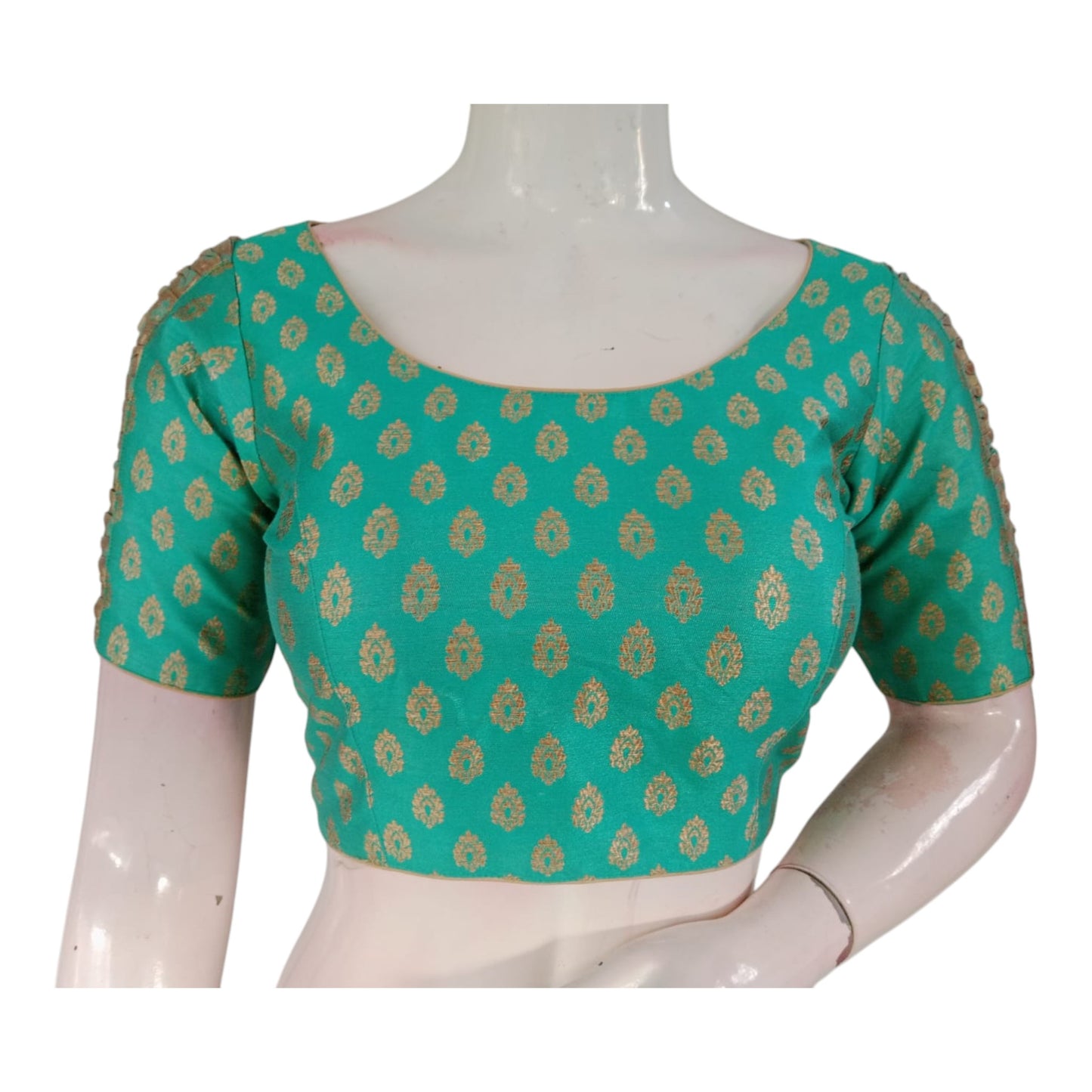 Luxury Teal Color Brocade Silk Ready made Blouse | Gold Butta | Unique Sleeves
