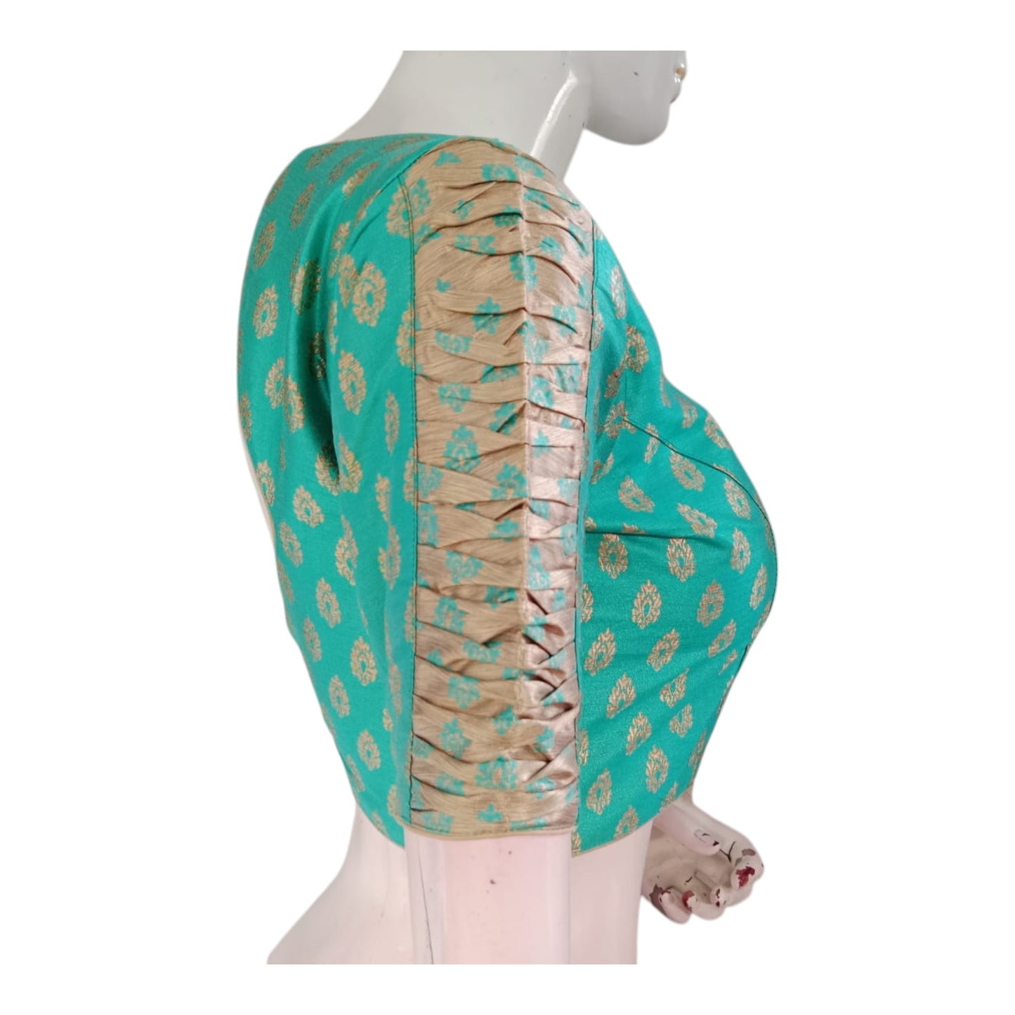 Luxury Teal Color Brocade Silk Ready made Blouse | Gold Butta | Unique Sleeves