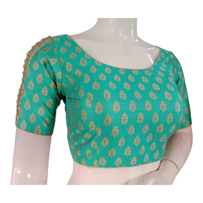 Luxury Teal Color Brocade Silk Ready made Blouse | Gold Butta | Unique Sleeves