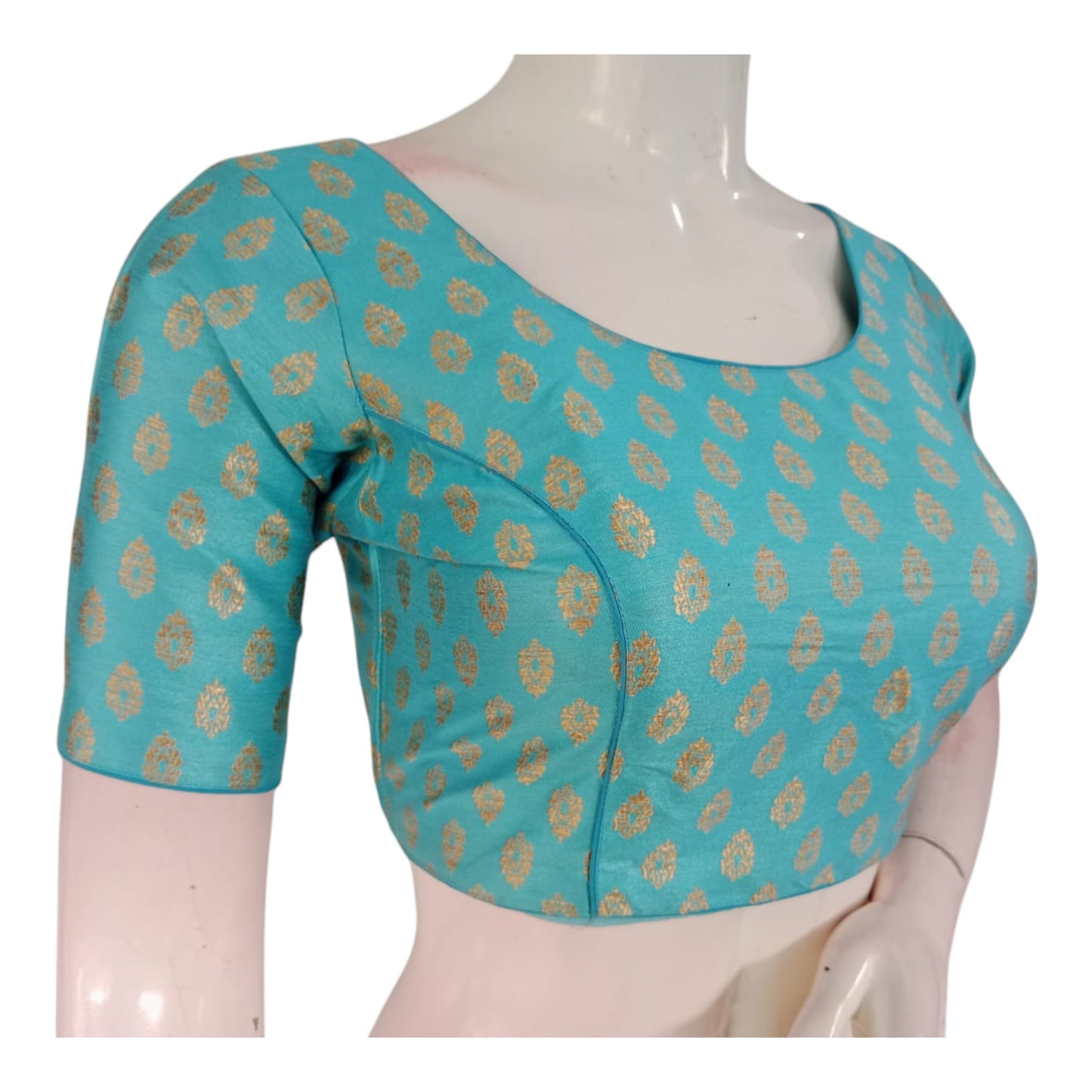 Vibrant Turquoise Blue Brocade Silk Designer Neck Readymade Saree Blouse