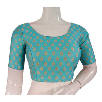 Vibrant Turquoise Blue Brocade Silk Designer Neck Readymade Saree Blouse