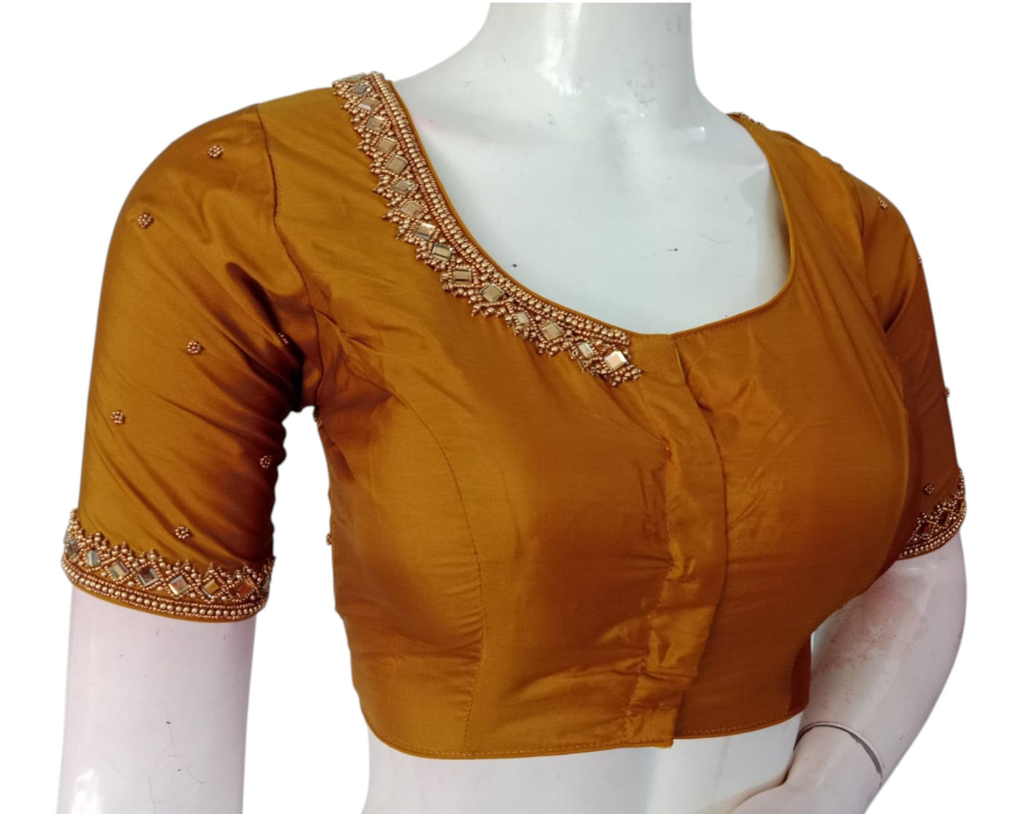 Artisan Dark Mustard Gold Color Aari Mirror Handwork Silk Bridal Blouse