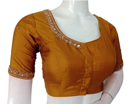 Artisan Dark Mustard Gold Color Aari Mirror Handwork Silk Bridal Blouse
