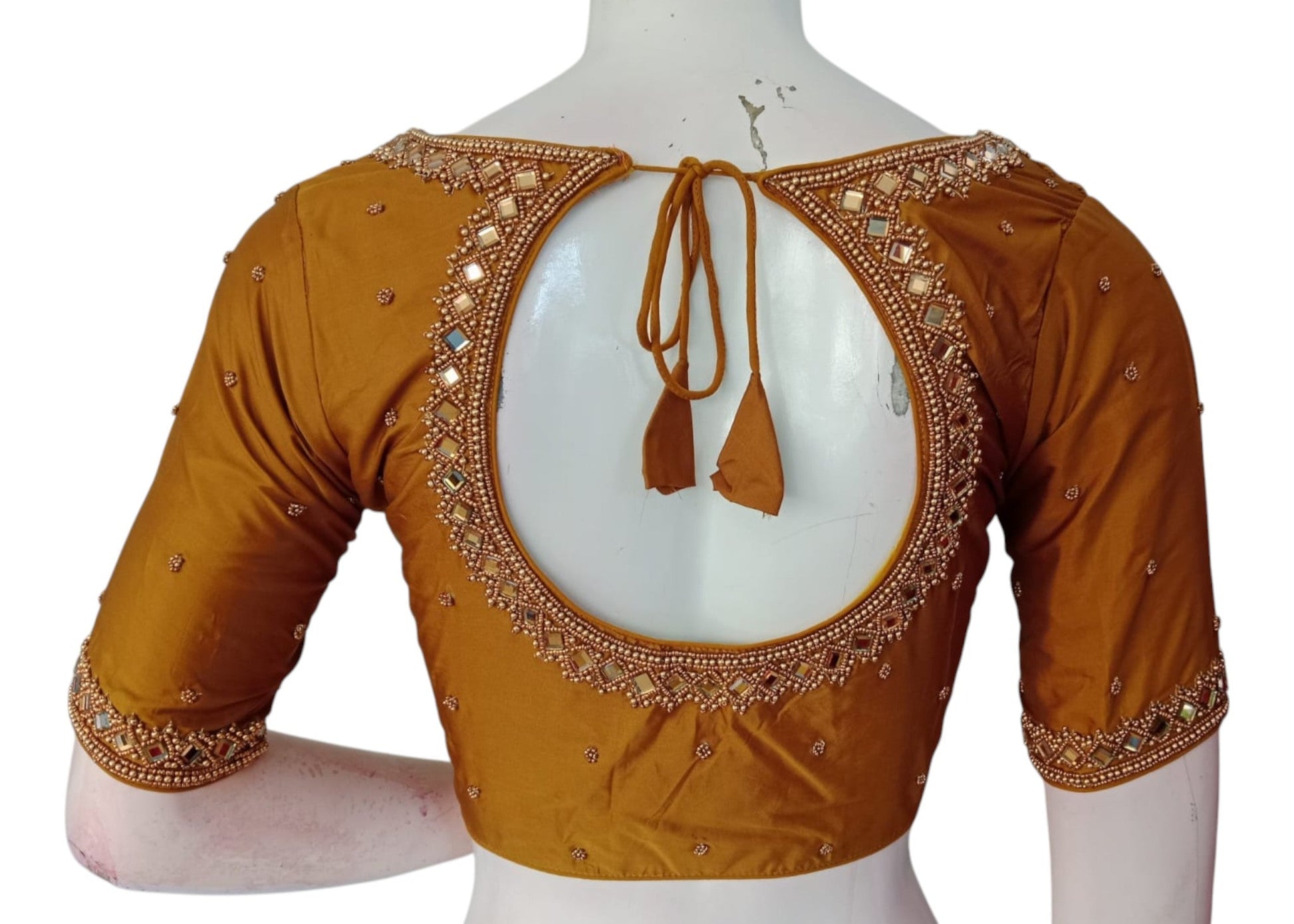 Artisan Dark Mustard Gold Color Aari Mirror Handwork Silk Bridal Blouse
