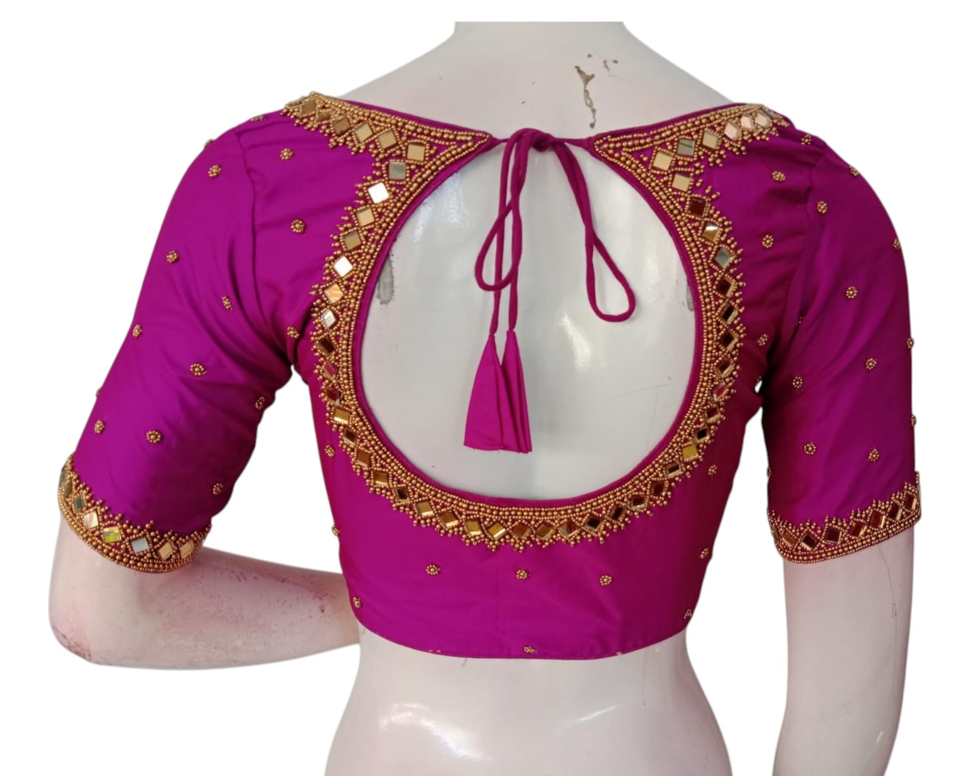 Dark Magenta Color Mirror Aari Handwork Silk Wedding Saree Blouse