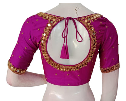 Dark Magenta Color Mirror Aari Handwork Silk Wedding Saree Blouse