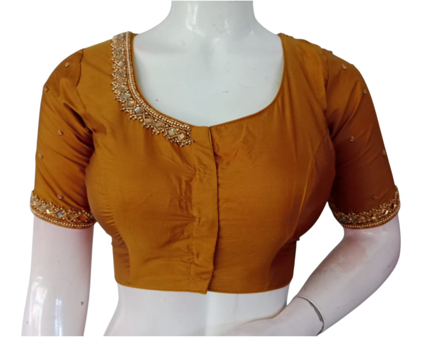Artisan Dark Mustard Gold Color Aari Mirror Handwork Silk Bridal Blouse