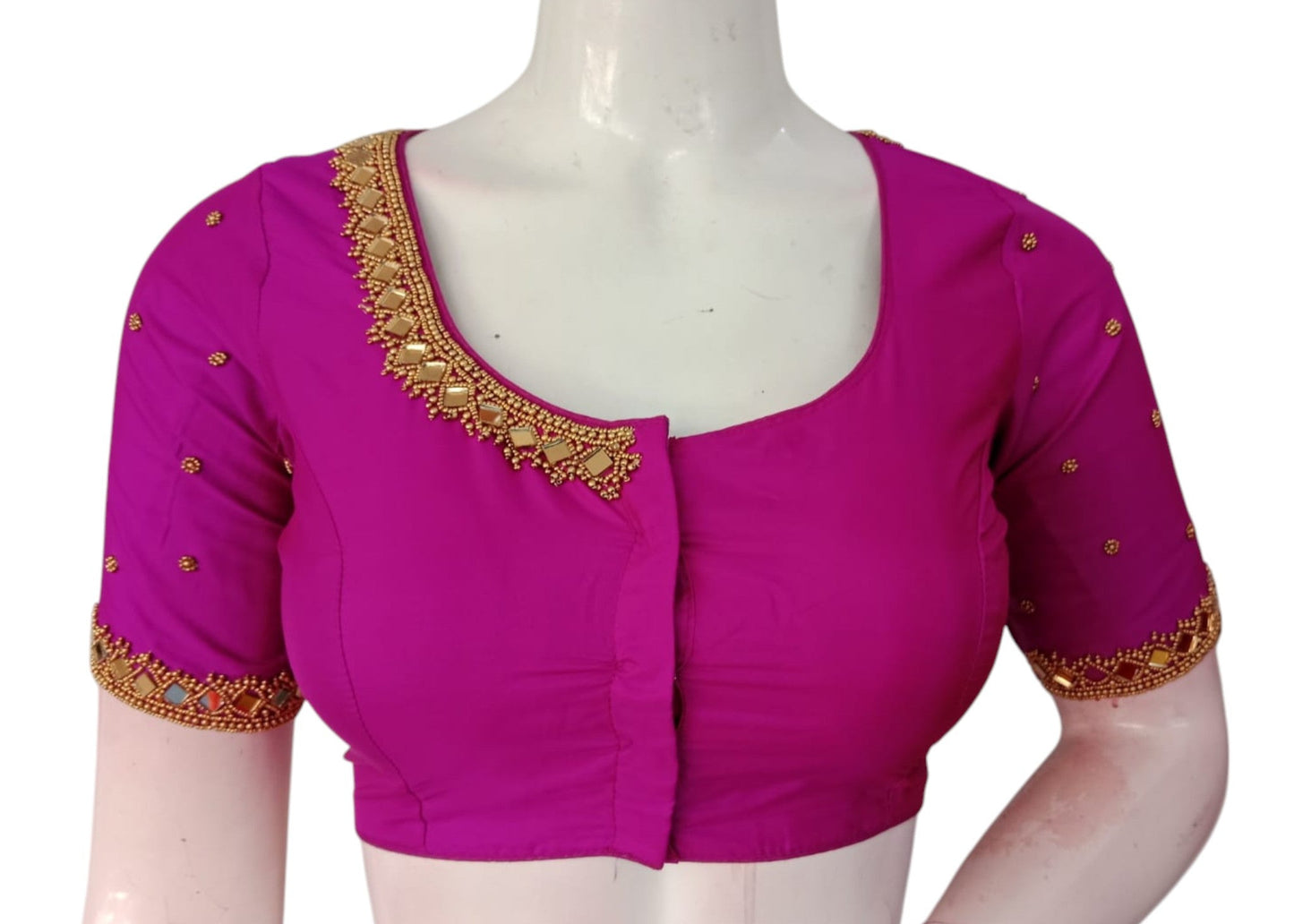 Dark Magenta Color Mirror Aari Handwork Silk Wedding Saree Blouse