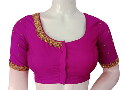 Dark Magenta Color Mirror Aari Handwork Silk Wedding Saree Blouse