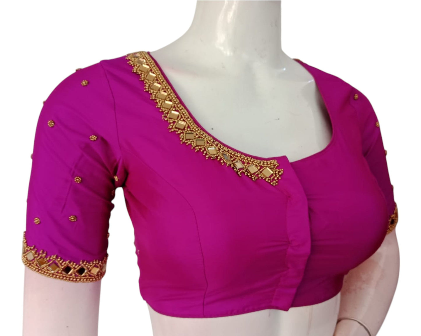 Dark Magenta Color Mirror Aari Handwork Silk Wedding Saree Blouse