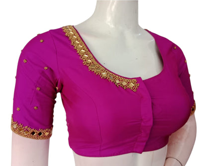 Dark Magenta Color Mirror Aari Handwork Silk Wedding Saree Blouse