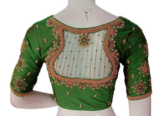 Handcrafted Dark Olive Netted Aari Pearl High Neck Wedding Blouse