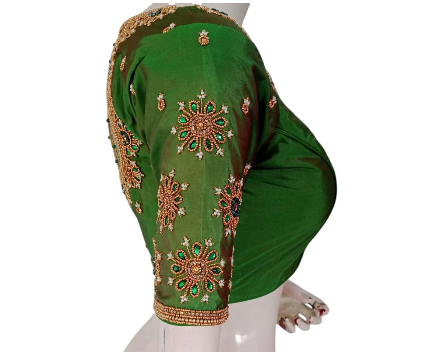 Handcrafted Dark Olive Netted Aari Pearl High Neck Wedding Blouse
